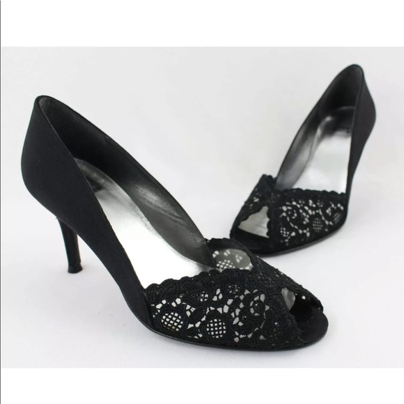 Stuart weitzman - black satin lace peep toe pump - Picture 1 of 5